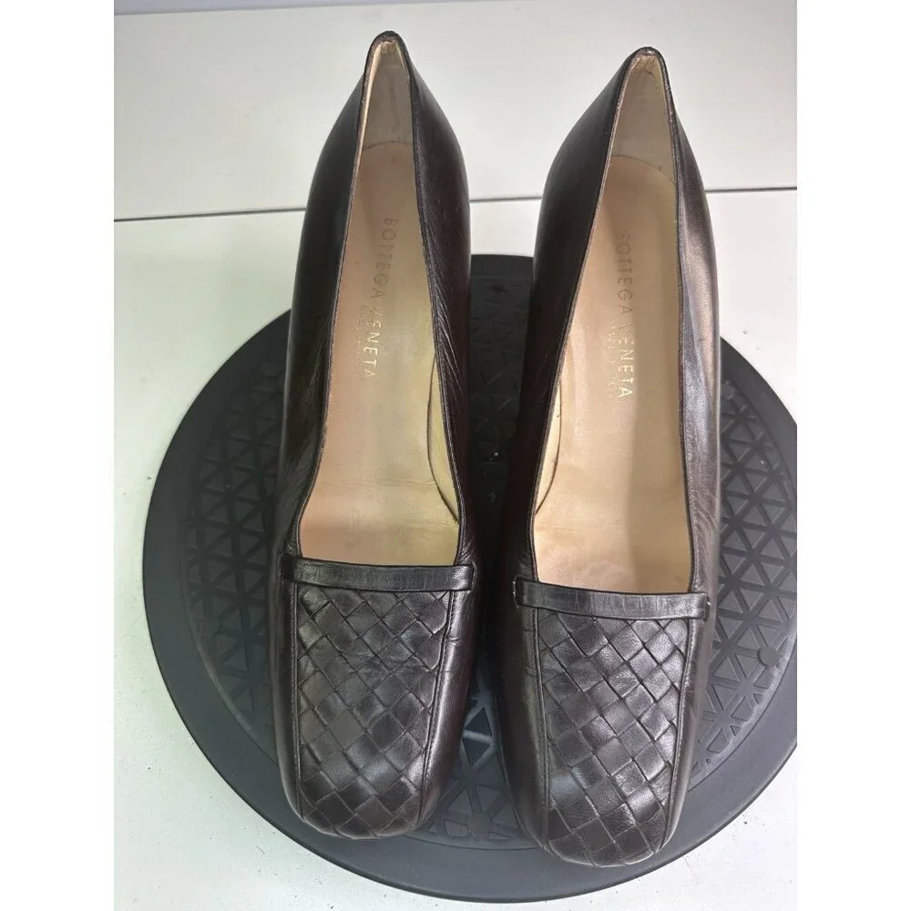 Bottega Veneta Brown Leather Square Toe Intrecciato Pumps Size 10B Interaction